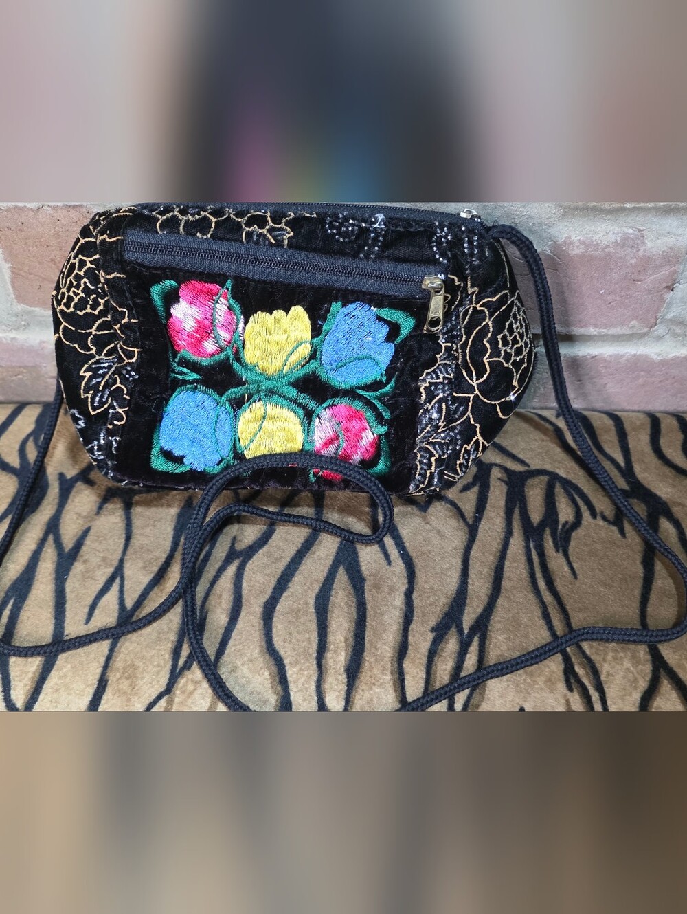 Vintage Black Velvet Embroidered Floral Passport Crossbody Pouch Bag